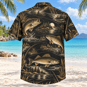 Back view of Black Gold Freshwater Fishing Hawaiian Shirt with matching freshwater fishing artwork in black, antique gold, ivory