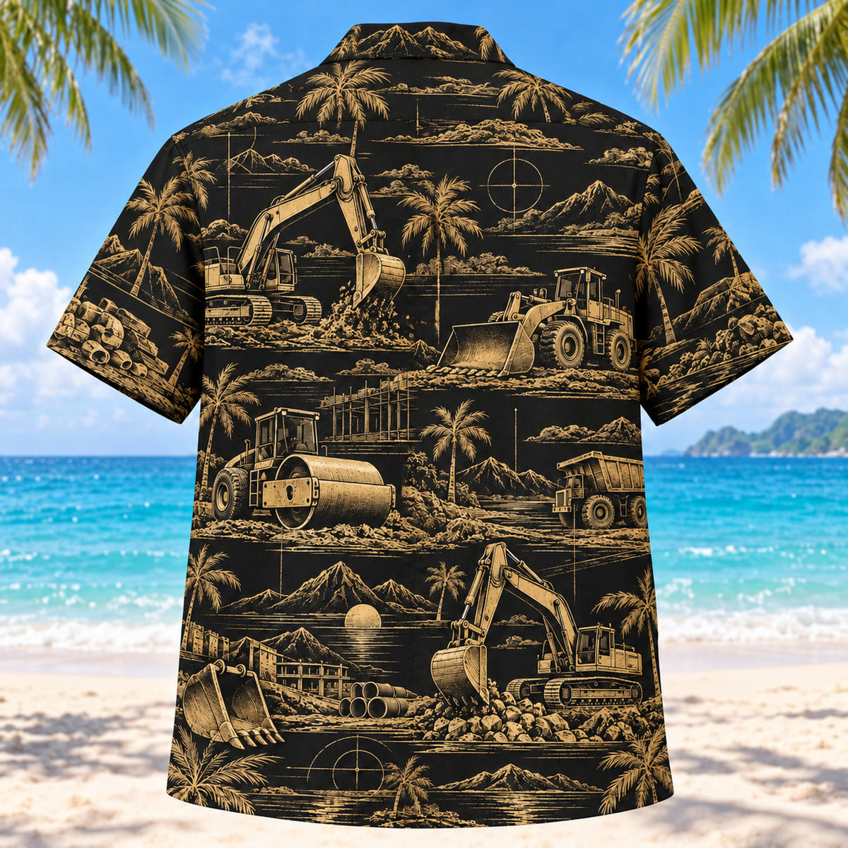 Back view of Black Gold Heavy Equipment Operator Hawaiian Shirt with matching heavy equipment operator artwork in black, antique gold, ivory