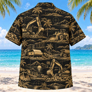 Back view of Black Gold Heavy Equipment Operator Hawaiian Shirt with matching heavy equipment operator artwork in black, antique gold, ivory