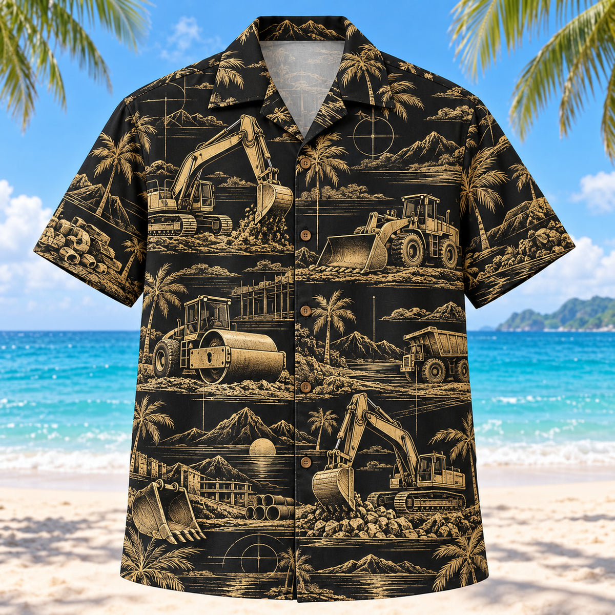Front view of Black Gold Heavy Equipment Operator Hawaiian Shirt with elegant antique-gold generic excavators, rollers, buckets and original construction scenes with fine line geometry