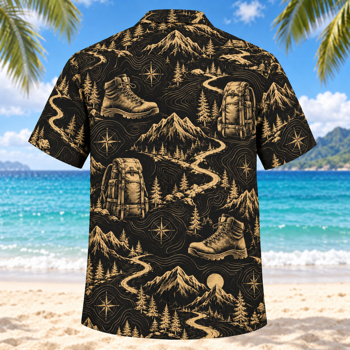 Back view of Black Gold Hiking and Backpacking Hawaiian Shirt with matching hiking and backpacking artwork in black, antique gold, ivory