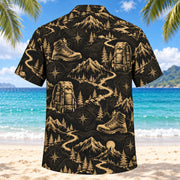 Back view of Black Gold Hiking and Backpacking Hawaiian Shirt with matching hiking and backpacking artwork in black, antique gold, ivory