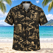 Front view of Black Gold Hiking and Backpacking Hawaiian Shirt with elegant antique-gold generic hiking boots, backpacks, winding trails, original contour lines and mountains with fine line geometry