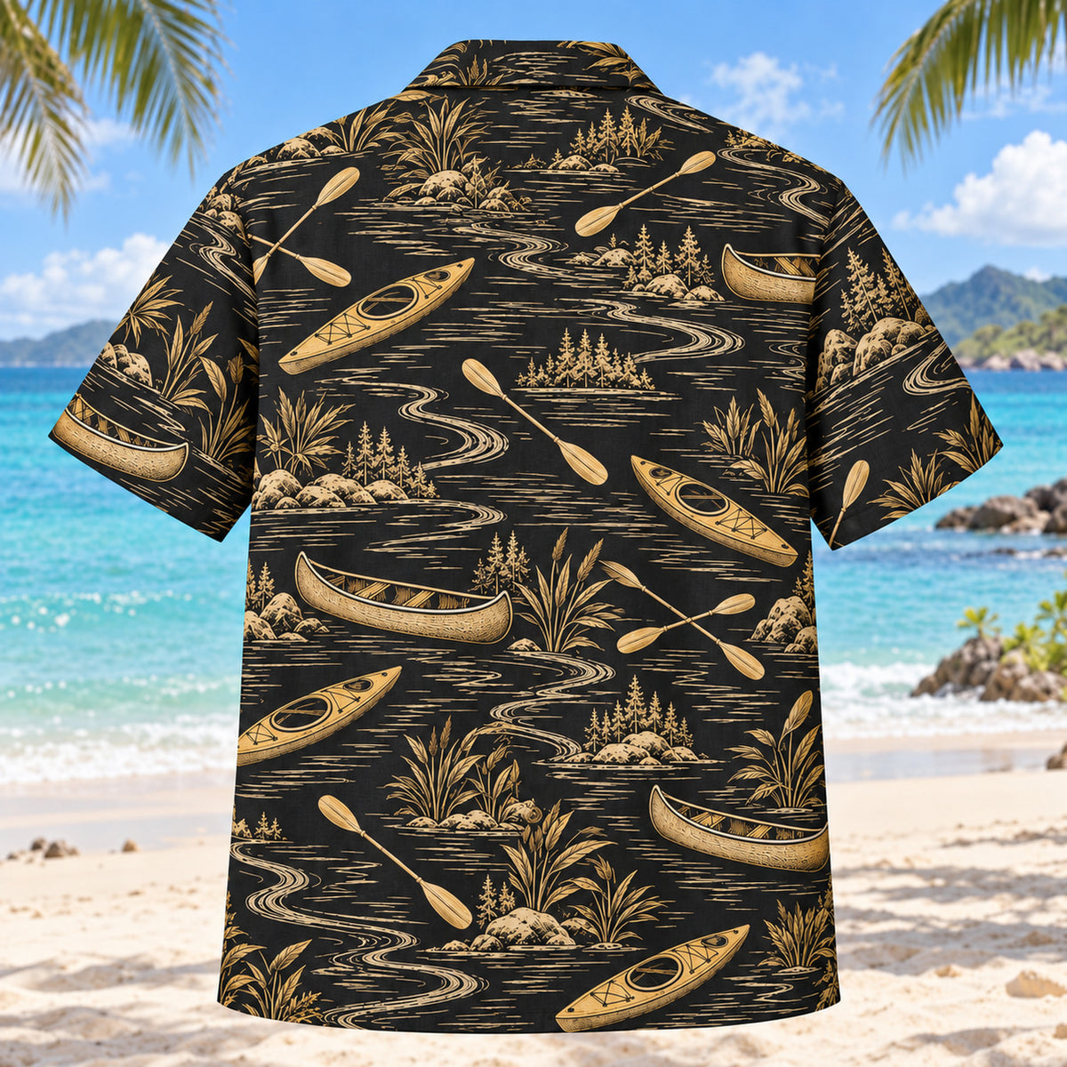 Back view of Black Gold Kayak and Canoe Hawaiian Shirt with matching kayak and canoe artwork in black, antique gold, ivory