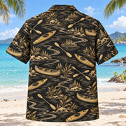 Back view of Black Gold Kayak and Canoe Hawaiian Shirt with matching kayak and canoe artwork in black, antique gold, ivory