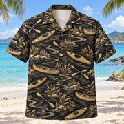 Front view of Black Gold Kayak and Canoe Hawaiian Shirt with elegant antique-gold plain kayaks, canoes, paddles, river bends and bankside plants with fine line geometry