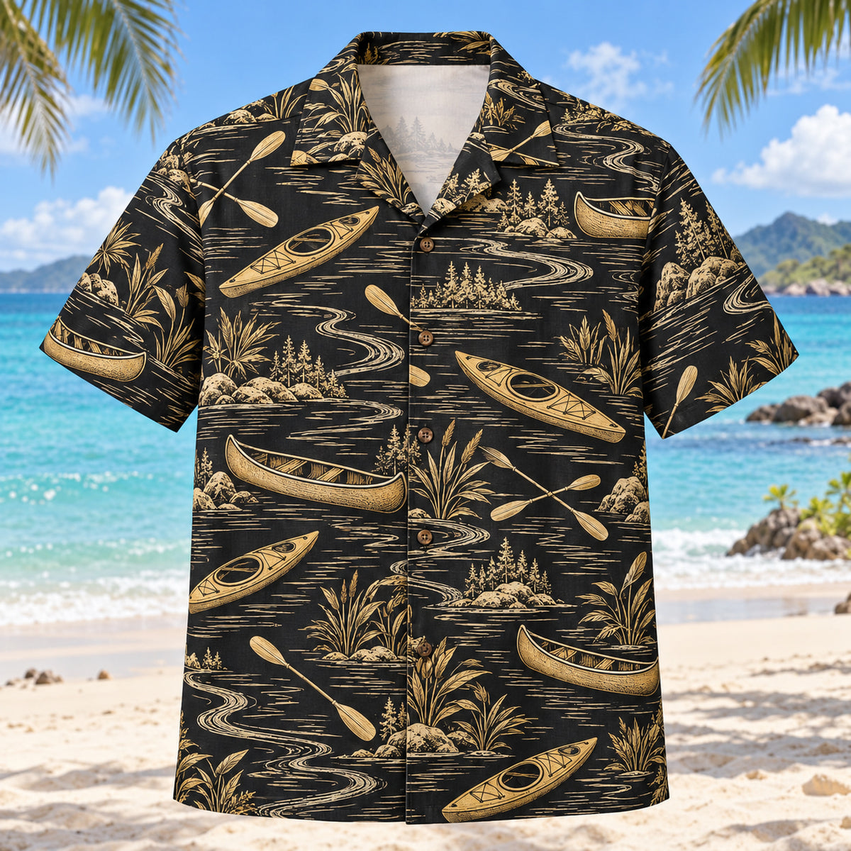Front view of Black Gold Kayak and Canoe Hawaiian Shirt with elegant antique-gold plain kayaks, canoes, paddles, river bends and bankside plants with fine line geometry
