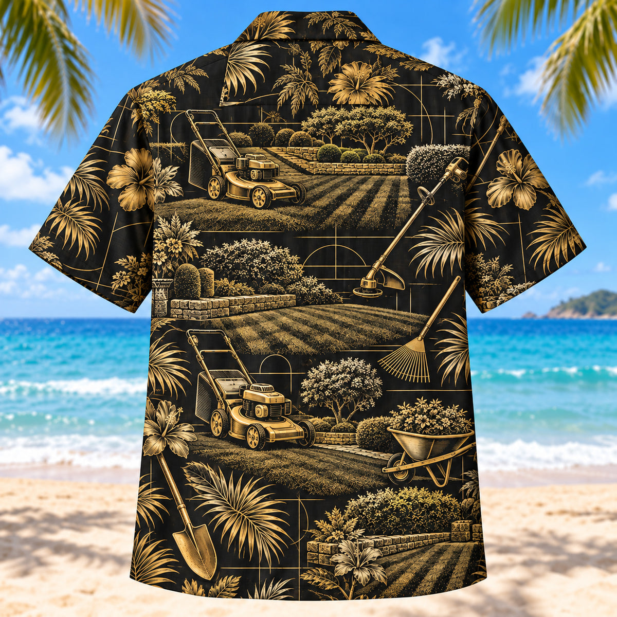 Back view of Black Gold Landscaper Hawaiian Shirt with matching landscaper artwork in black, antique gold, ivory