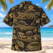 Back view of Black Gold Landscaper Hawaiian Shirt with matching landscaper artwork in black, antique gold, ivory