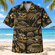 Front view of Black Gold Landscaper Hawaiian Shirt with elegant antique-gold generic lawn mowers, freshly cut turf stripes, trimming tools and original garden scenes with fine line geometry