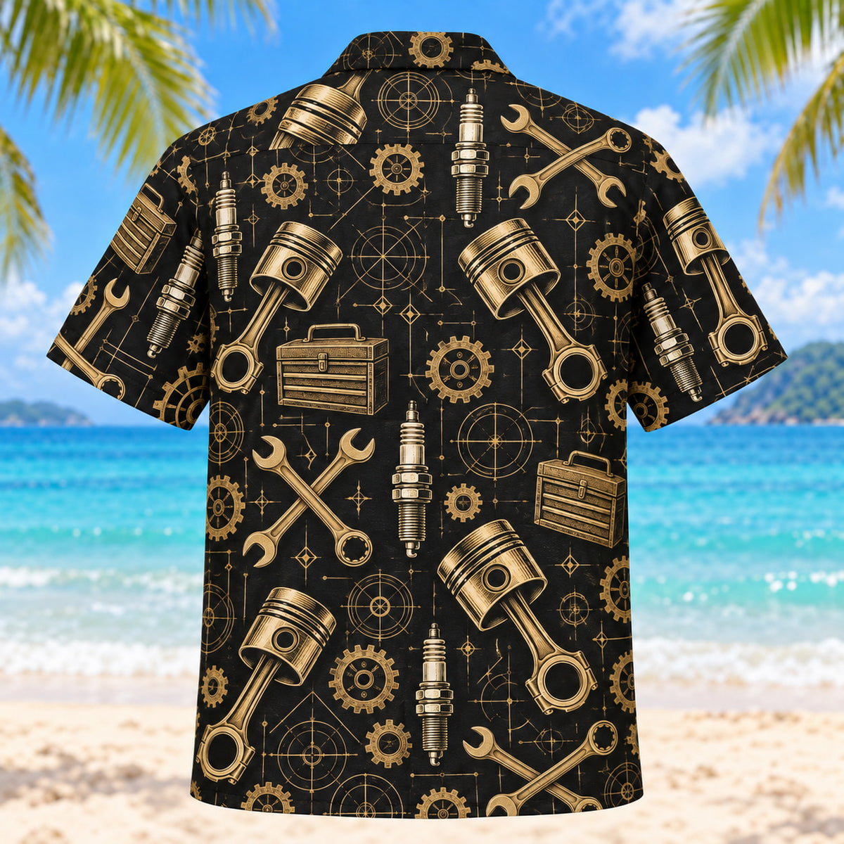Back view of Black Gold Mechanic Hawaiian Shirt with matching mechanic artwork in black, antique gold, ivory