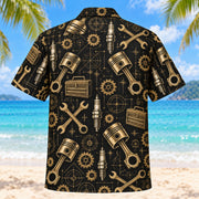 Back view of Black Gold Mechanic Hawaiian Shirt with matching mechanic artwork in black, antique gold, ivory