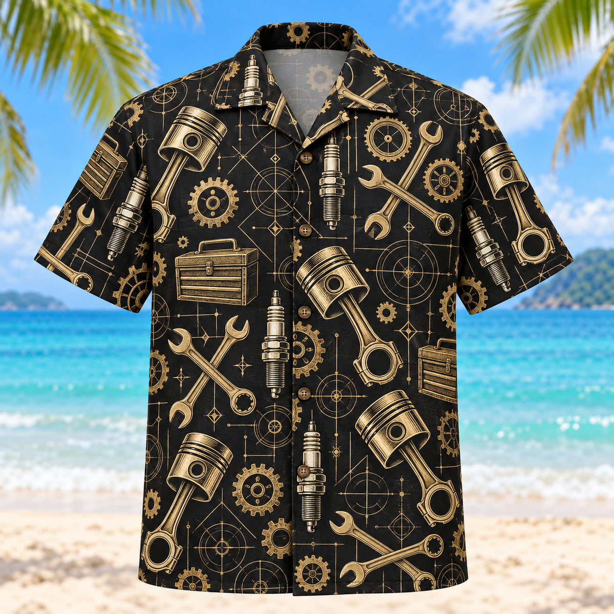 Front view of Black Gold Mechanic Hawaiian Shirt with elegant antique-gold generic pistons, spark plugs, wrenches, toolboxes and gears with fine line geometry