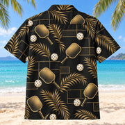 Back view of Black Gold Pickleball Hawaiian Shirt with matching pickleball artwork in black, antique gold, ivory