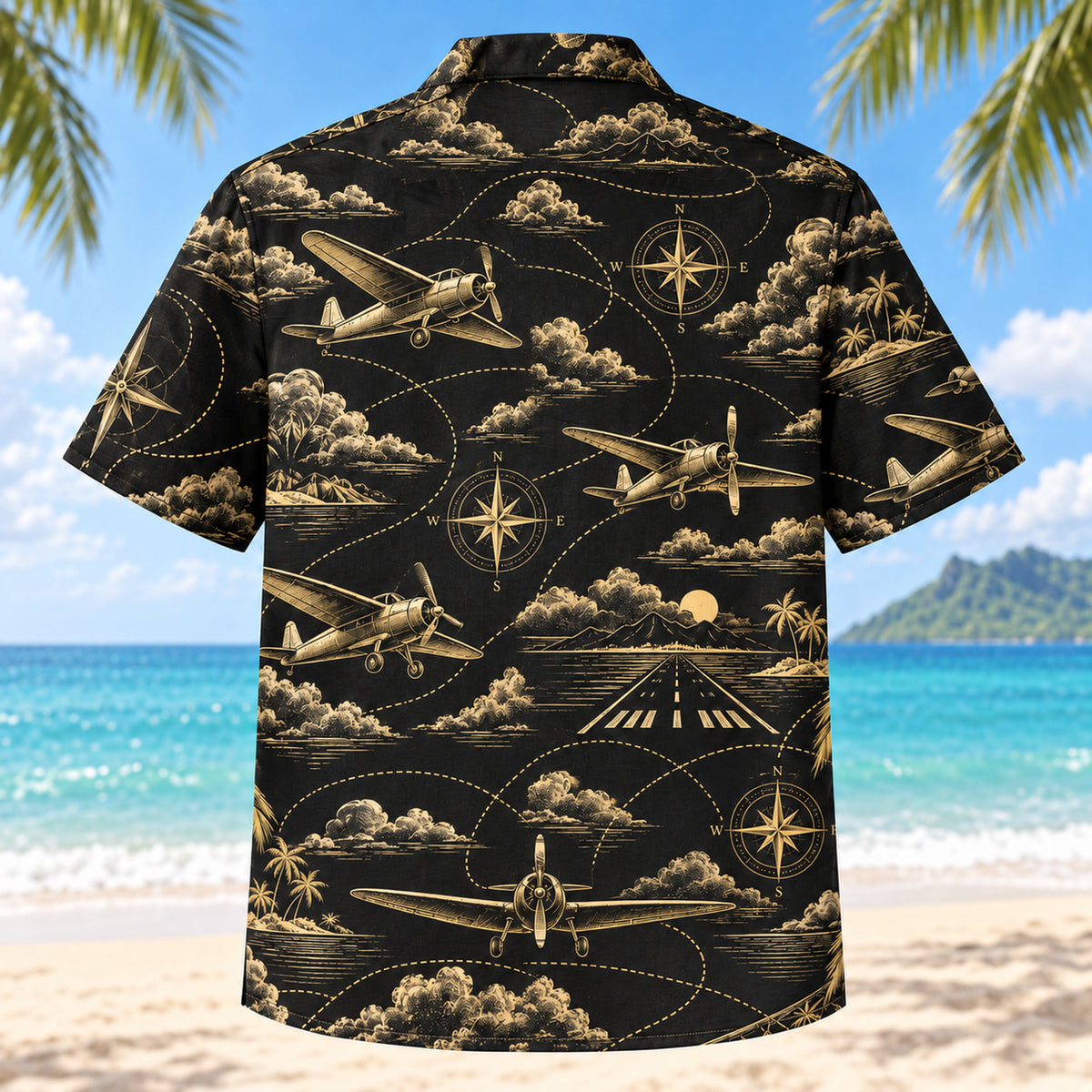 Back view of Black Gold Pilot and Aviation Hawaiian Shirt with matching pilot and aviation artwork in black, antique gold, ivory