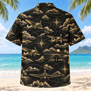 Back view of Black Gold Pilot and Aviation Hawaiian Shirt with matching pilot and aviation artwork in black, antique gold, ivory