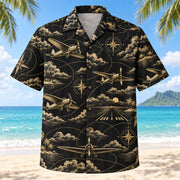 Front view of Black Gold Pilot and Aviation Hawaiian Shirt with elegant antique-gold unbranded civilian propeller planes, imaginary flight paths, clouds, compasses and runways with fine line geometry