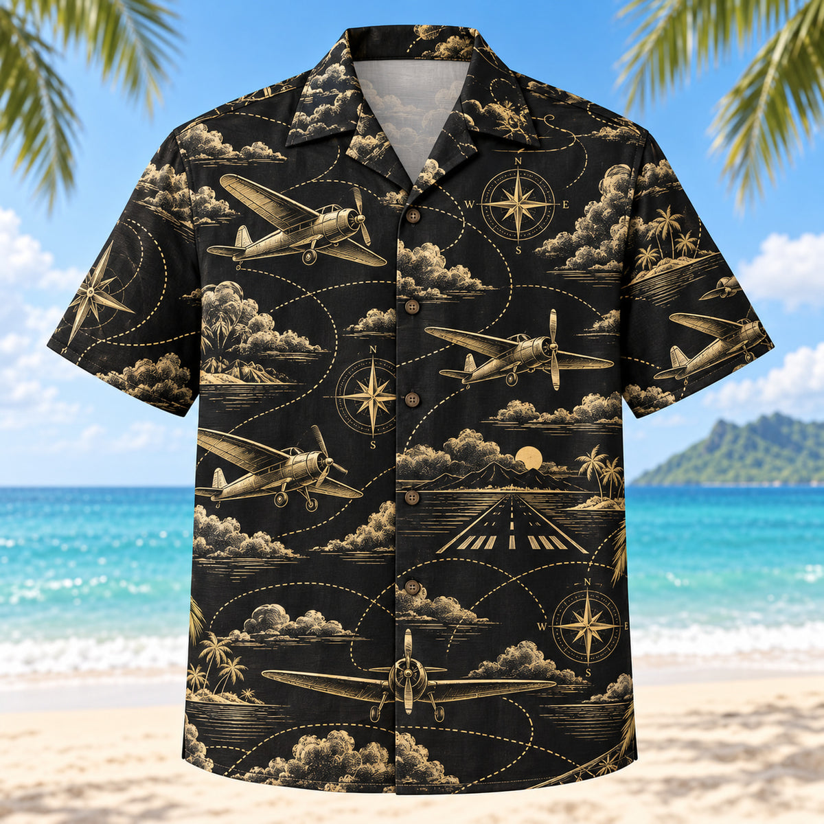 Front view of Black Gold Pilot and Aviation Hawaiian Shirt with elegant antique-gold unbranded civilian propeller planes, imaginary flight paths, clouds, compasses and runways with fine line geometry