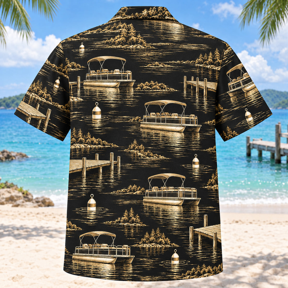 Back view of Black Gold Pontoon Boating Hawaiian Shirt with matching pontoon boating artwork in black, antique gold, ivory