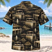 Back view of Black Gold Pontoon Boating Hawaiian Shirt with matching pontoon boating artwork in black, antique gold, ivory