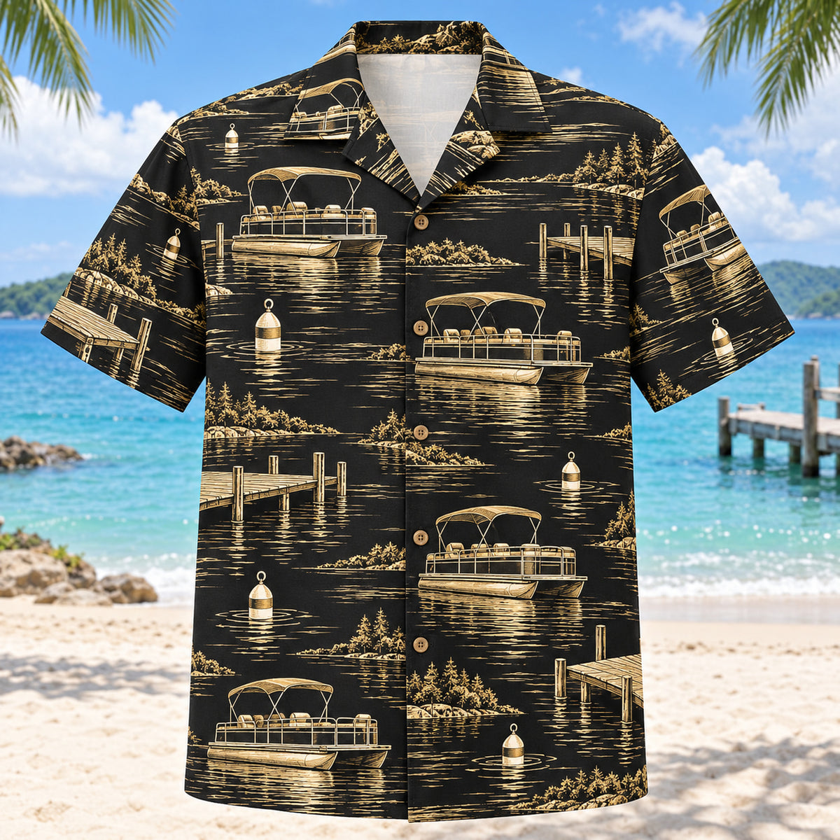 Black Gold Pontoon Boating Hawaiian Shirt