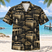 Front view of Black Gold Pontoon Boating Hawaiian Shirt with elegant antique-gold generic pontoon boats, lake docks, buoys and calm-water ripples with fine line geometry