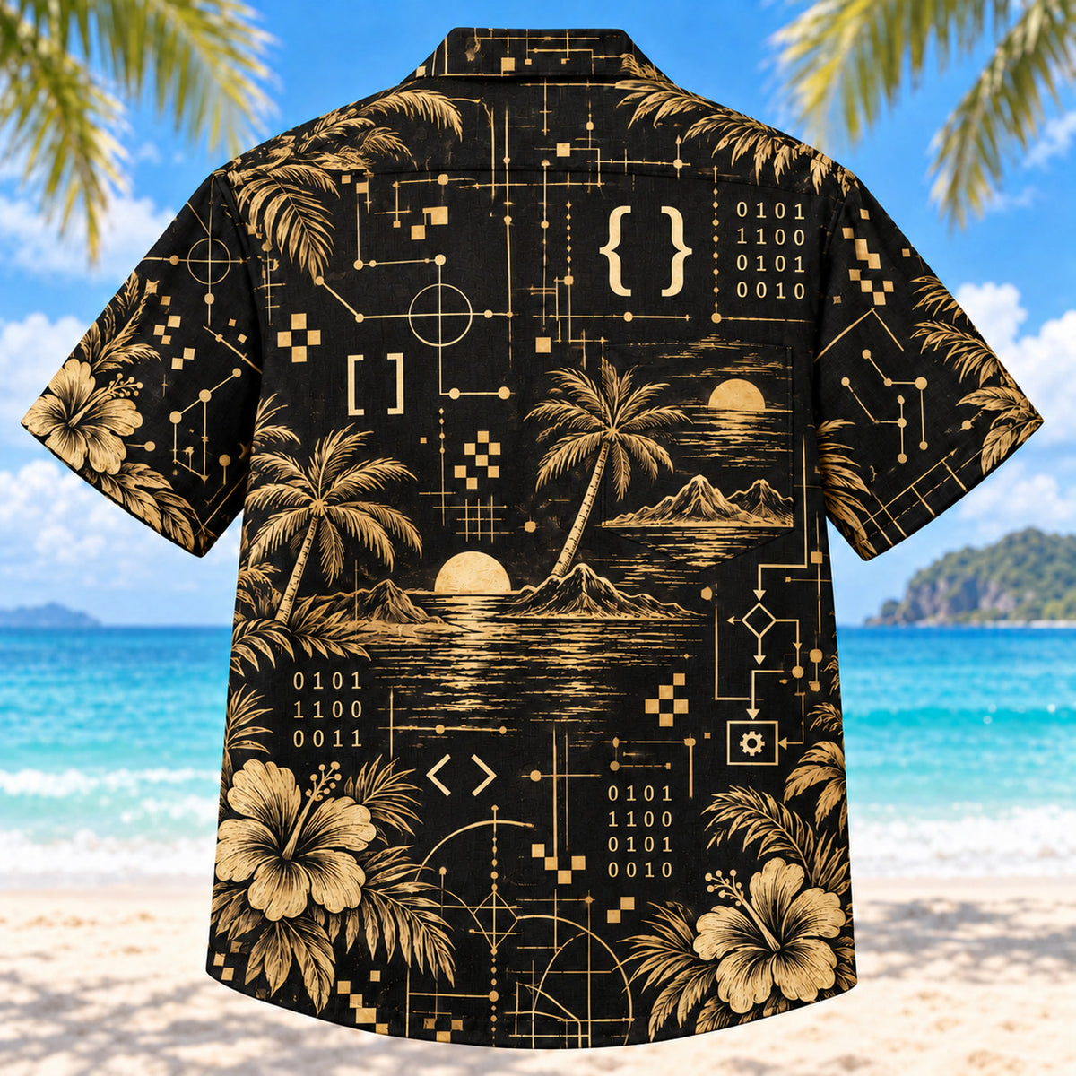 Back view of Black Gold Programmer Hawaiian Shirt with matching programmer artwork in black, antique gold, ivory
