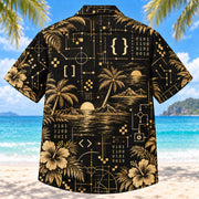 Back view of Black Gold Programmer Hawaiian Shirt with matching programmer artwork in black, antique gold, ivory