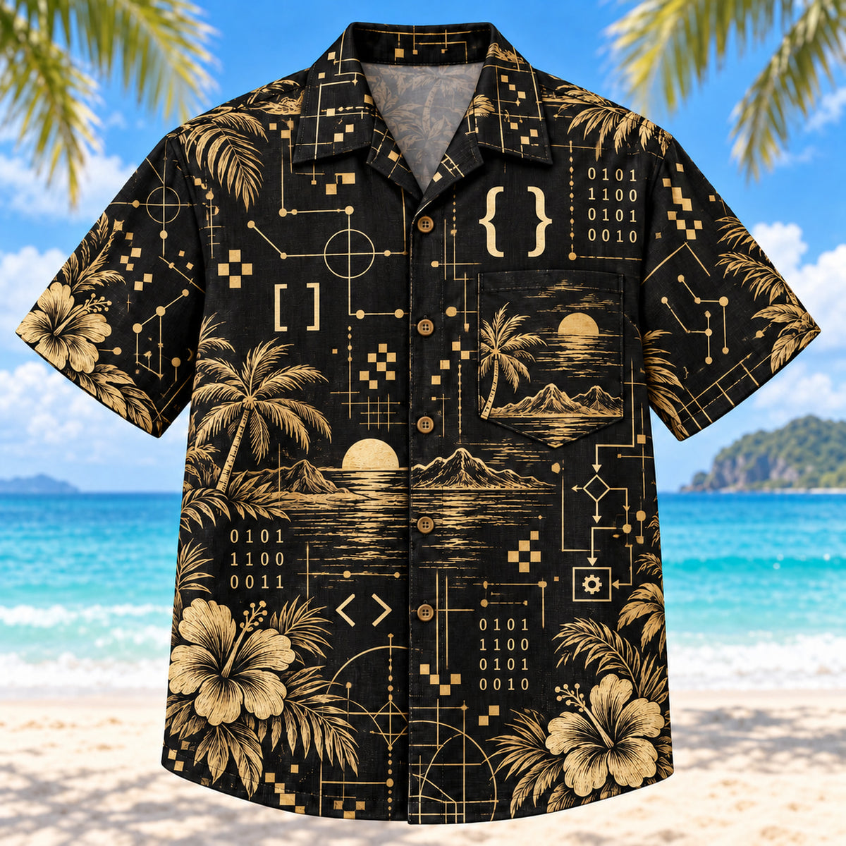 Front view of Black Gold Programmer Hawaiian Shirt with elegant antique-gold original brackets, readable self-written pseudocode, binary patterns, pixels and invented debugging symbols with fine line geometry