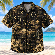 Front view of Black Gold Programmer Hawaiian Shirt with elegant antique-gold original brackets, readable self-written pseudocode, binary patterns, pixels and invented debugging symbols with fine line geometry