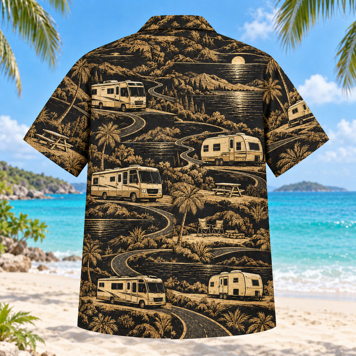 Back view of Black Gold RV and Travel Trailer Hawaiian Shirt with matching rv and travel trailer artwork in black, antique gold, ivory