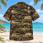 Back view of Black Gold RV and Travel Trailer Hawaiian Shirt with matching rv and travel trailer artwork in black, antique gold, ivory