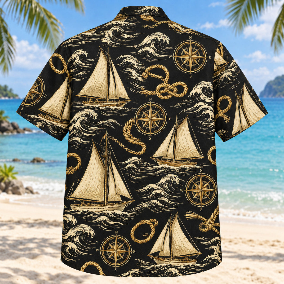 Back view of Black Gold Sailing Hawaiian Shirt with matching sailing artwork in black, antique gold, ivory