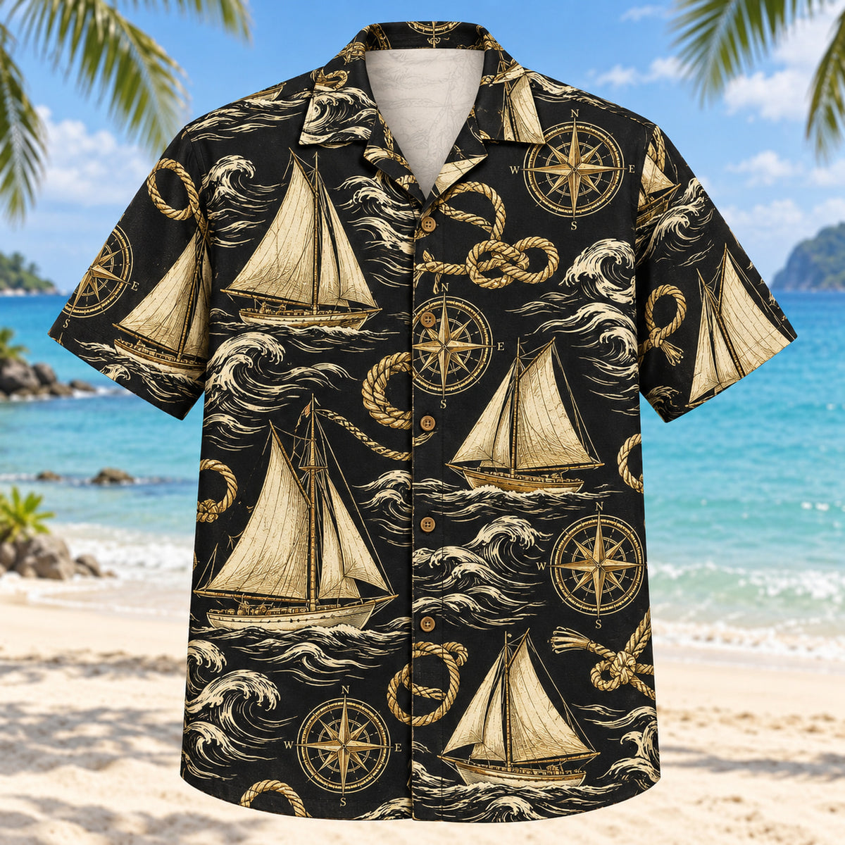 Front view of Black Gold Sailing Hawaiian Shirt with elegant antique-gold imaginary sailboats, knots, compasses and wave forms with fine line geometry