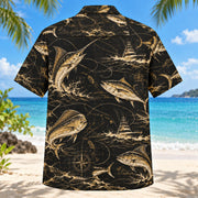Back view of Black Gold Saltwater Fishing Hawaiian Shirt with matching saltwater fishing artwork in black, antique gold, ivory