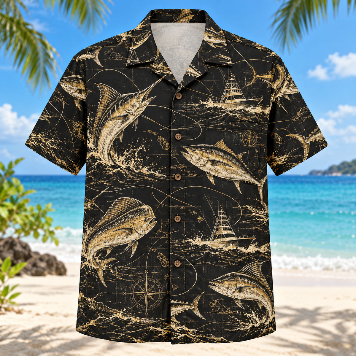 Front view of Black Gold Saltwater Fishing Hawaiian Shirt with elegant antique-gold original marlin, tuna and mahi-mahi silhouettes, fishing lines and imaginary offshore boats with fine line geometry