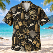 Front view of Black Gold Scuba Diving Hawaiian Shirt with elegant antique-gold generic masks, fins, air tanks, small diver silhouettes and original coral forms with fine line geometry