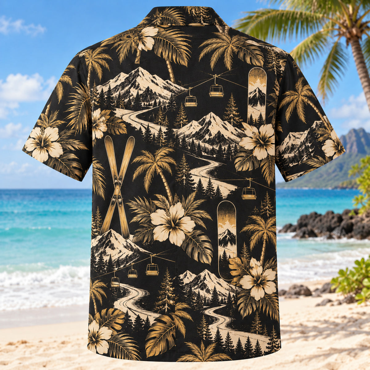 Back view of Black Gold Ski and Snowboard Hawaiian Shirt with matching ski and snowboard artwork in black, antique gold, ivory
