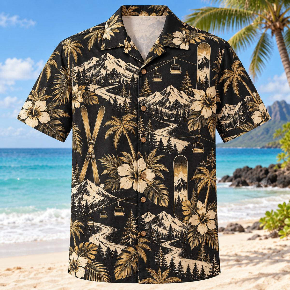 Black Gold Ski and Snowboard Hawaiian Shirt