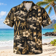 Front view of Black Gold Ski and Snowboard Hawaiian Shirt with elegant antique-gold plain skis, unbranded snowboards, chairlifts and snow peaks with fine line geometry