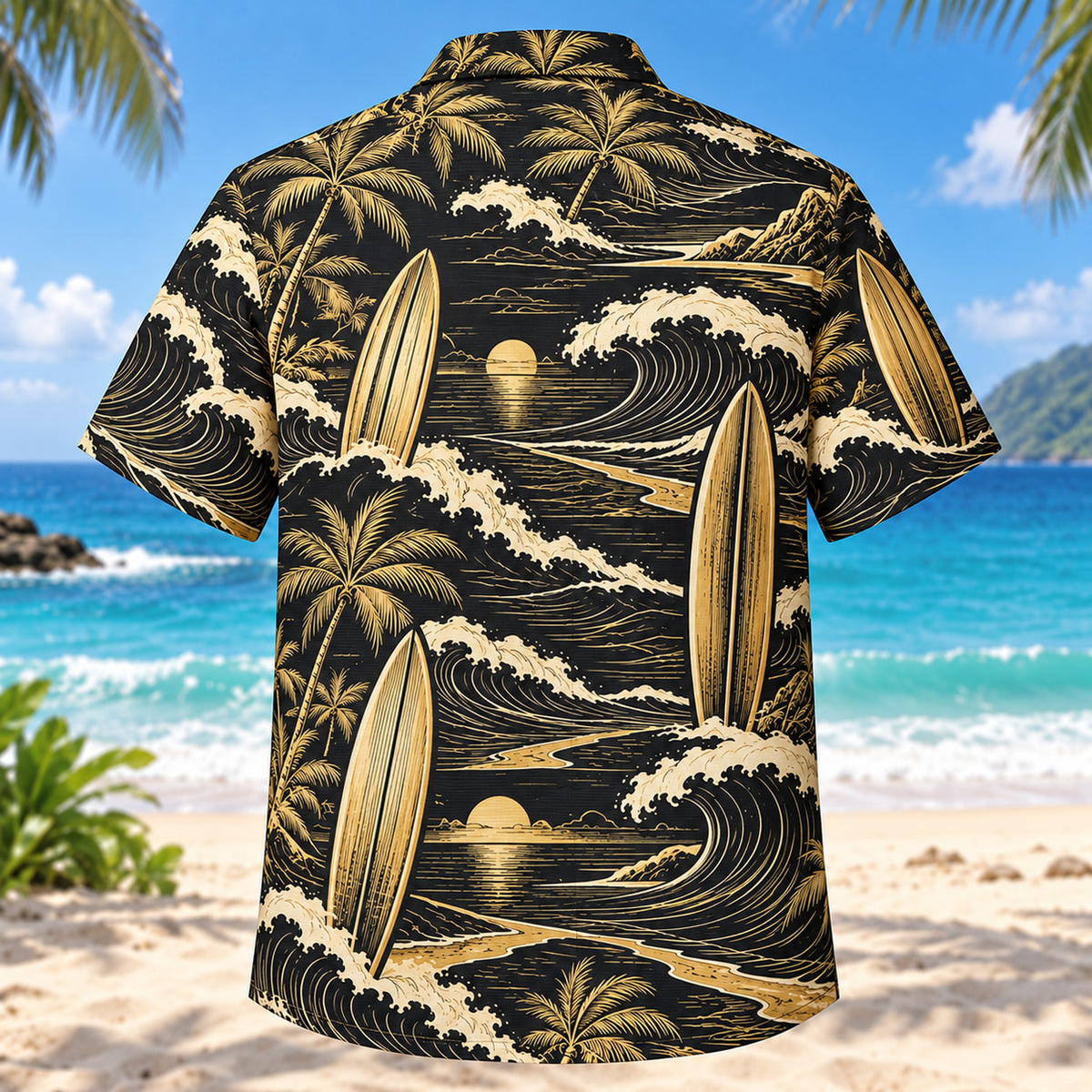 Back view of Black Gold Surfing Hawaiian Shirt with matching surfing artwork in black, antique gold, ivory