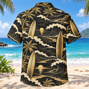 Back view of Black Gold Surfing Hawaiian Shirt with matching surfing artwork in black, antique gold, ivory