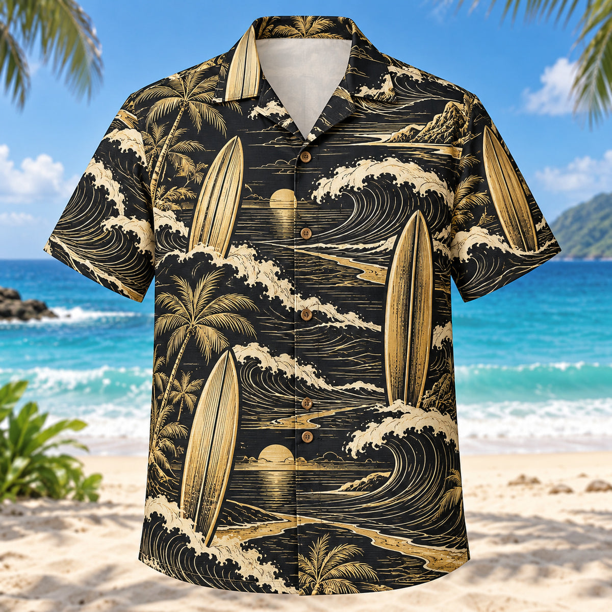 Front view of Black Gold Surfing Hawaiian Shirt with elegant antique-gold unbranded surfboards, rolling waves and curved shorelines with fine line geometry