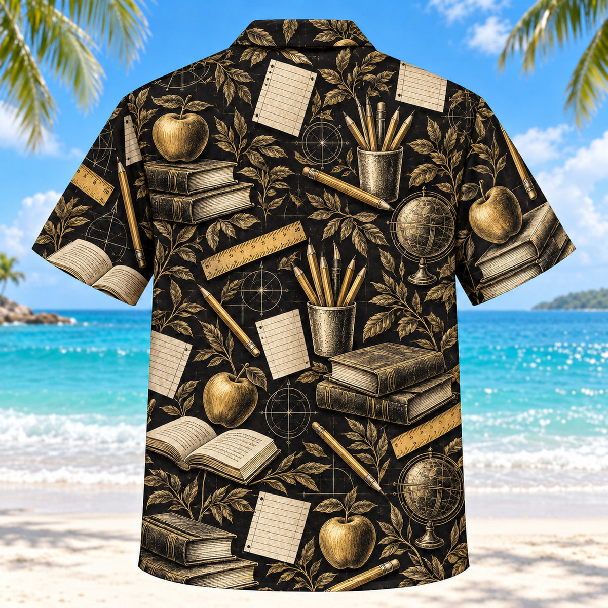 Back view of Black Gold Teacher Hawaiian Shirt with matching teacher artwork in black, antique gold, ivory