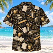 Back view of Black Gold Teacher Hawaiian Shirt with matching teacher artwork in black, antique gold, ivory