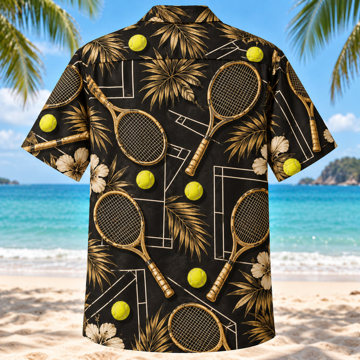 Back view of Black Gold Tennis Hawaiian Shirt with matching tennis artwork in black, antique gold, ivory