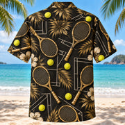 Back view of Black Gold Tennis Hawaiian Shirt with matching tennis artwork in black, antique gold, ivory
