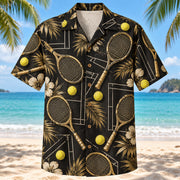 Front view of Black Gold Tennis Hawaiian Shirt with elegant antique-gold unbranded tennis rackets, fuzzy yellow balls and tennis court linework with fine line geometry