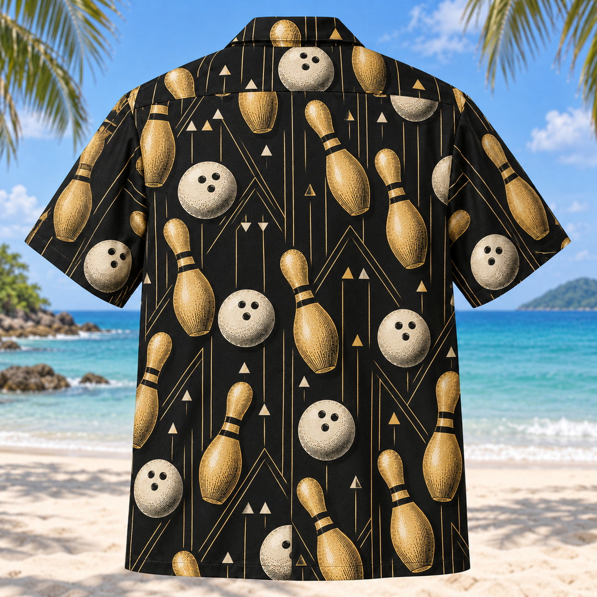 Back view of Black Gold Tenpins Bowling Hawaiian Shirt with matching bowling artwork in black, antique gold, ivory