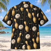 Back view of Black Gold Tenpins Bowling Hawaiian Shirt with matching bowling artwork in black, antique gold, ivory